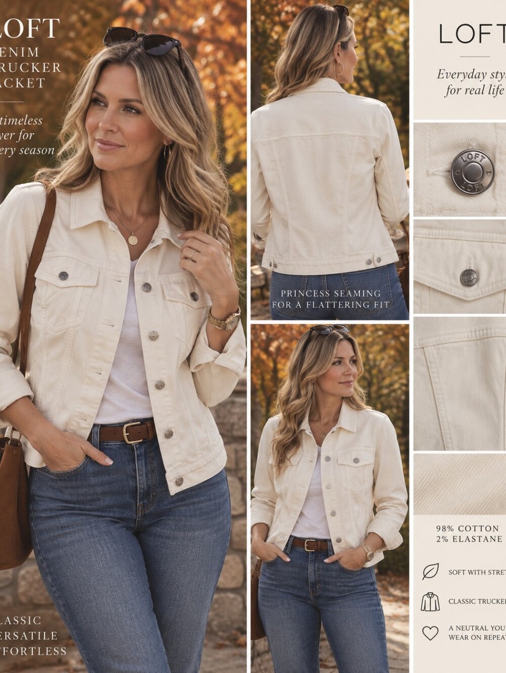 LOFT Ivory / Cream Denim Jean Jacket - Button-Front Trucker XL